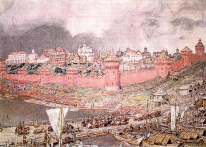Город строится. Строительство деревянных стен Кремля XII века. Акварель, уголь. 1903.
