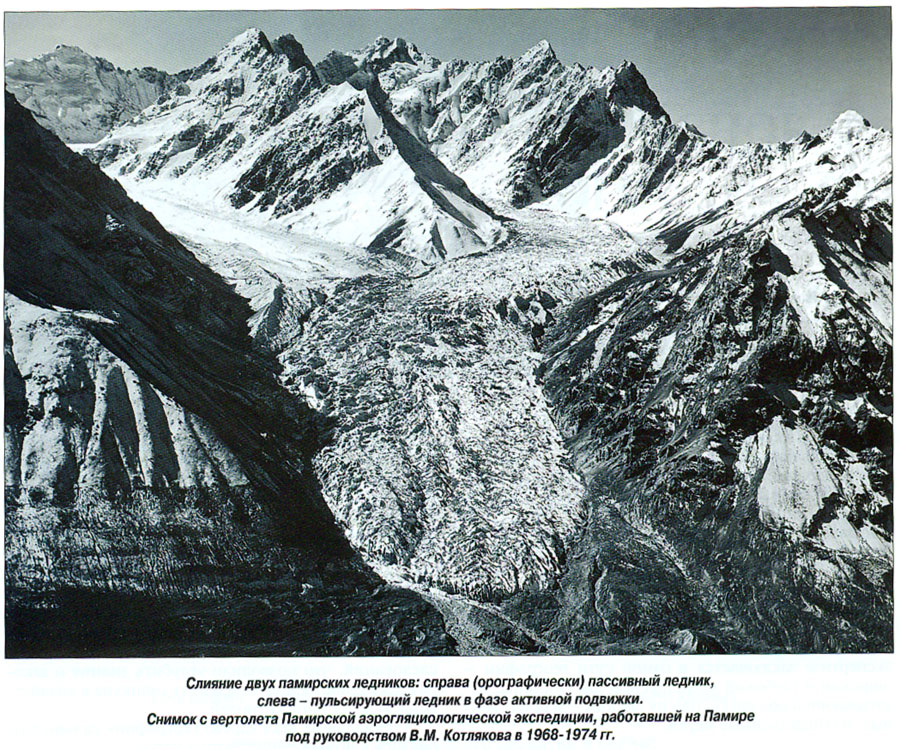 Слияние двух памирских ледников: справа пассивный ледник, слева - пульсирующий ледник в фазе активной подвижки
