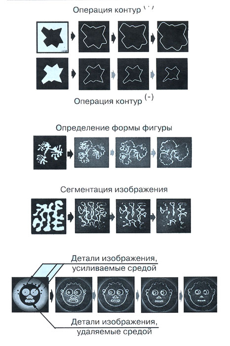Основные операции обработки черно-белых изображений средами Белоусова-Жаботинского
